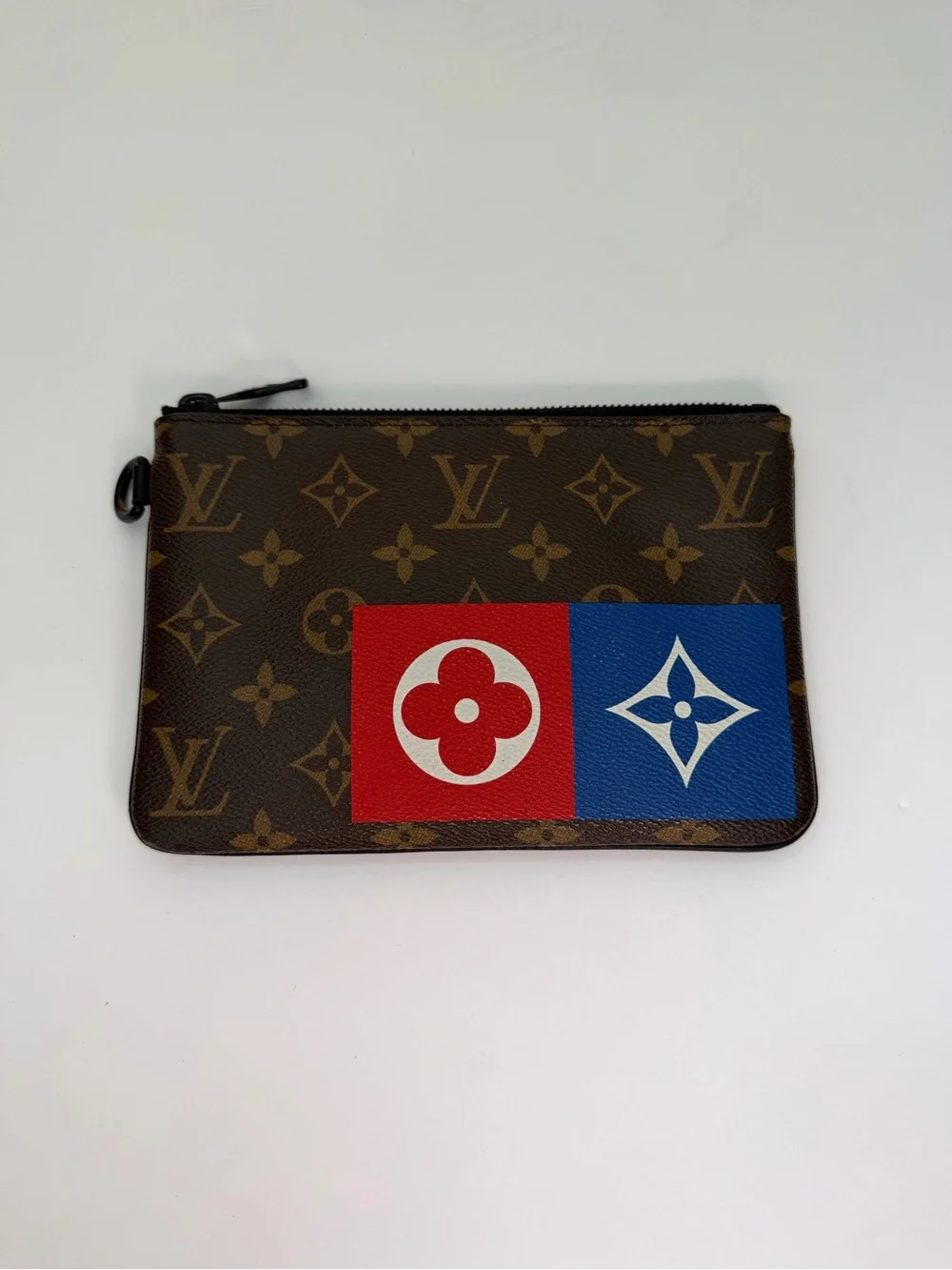 Louis Vuitton Brown Unisex Monogram Zip Pouch with Red & Blue Panels